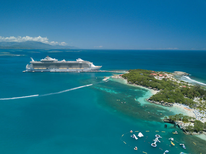 AL, Allure of the Seas, May 2017 Instameet shoot, Labadee, Haiti, Private Island, Private Beach, Drone Shot, Caribbean, overhead shot of ship exterior, starboard side, docked at island, beach, water park, aqua park, horizon, seascape,